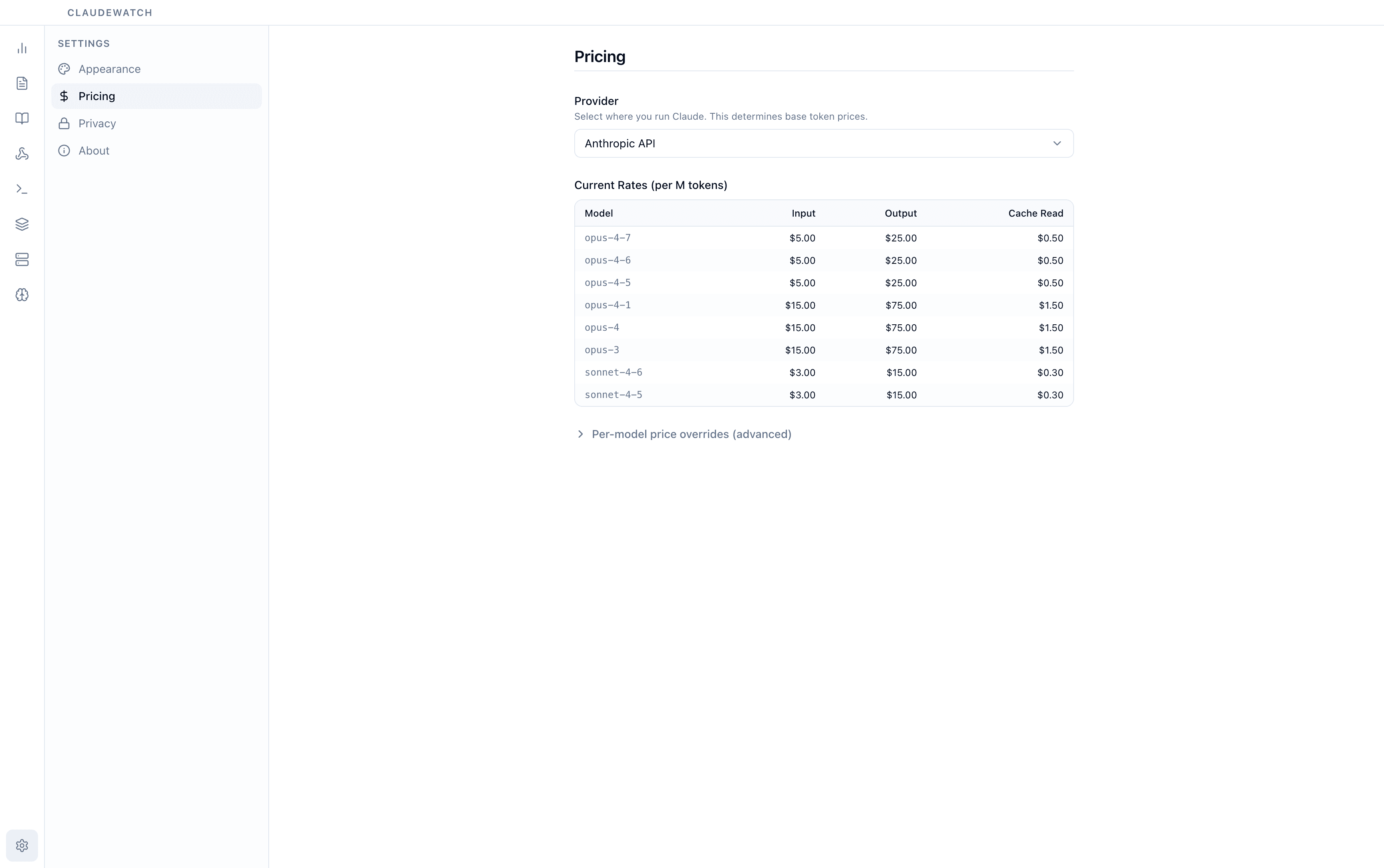 Configure pricing per model and provider.